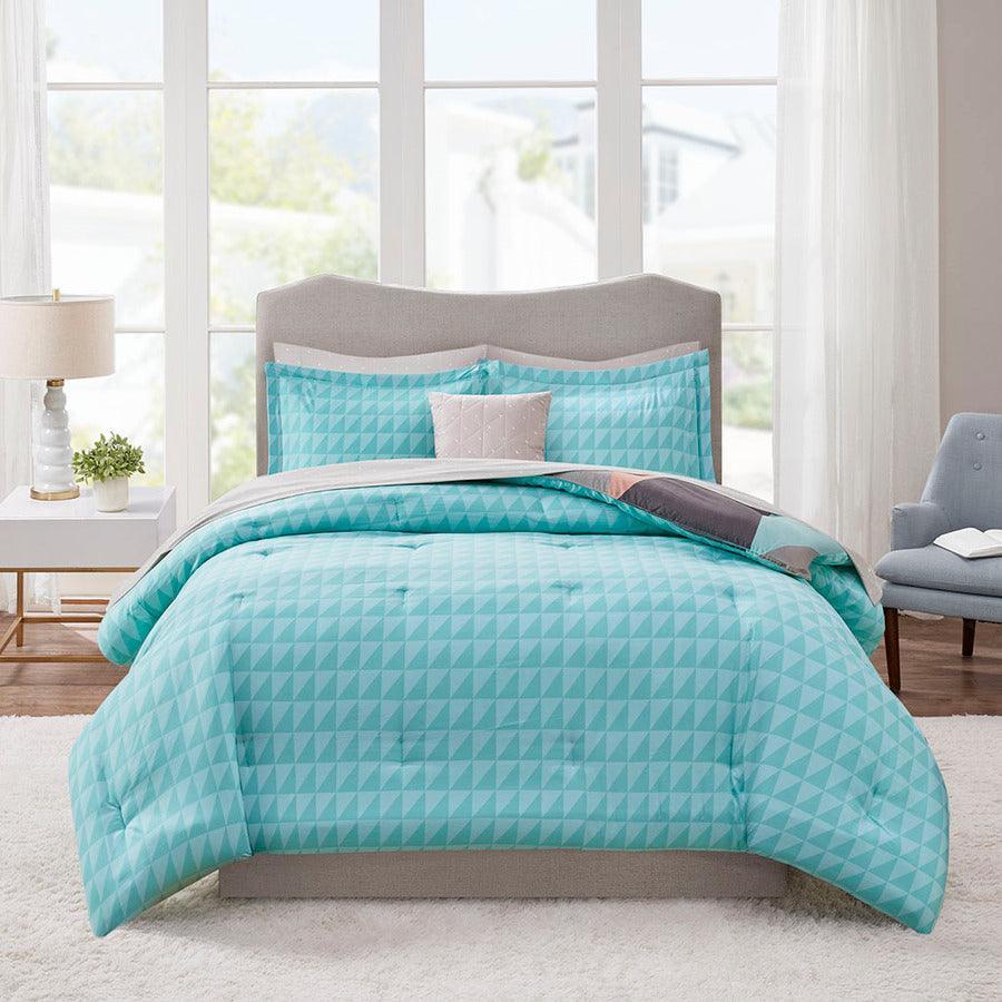 Remy Queen Reversible Complete Modern & Contemporary Bed Set includes Sheets Aqua Olliix.com