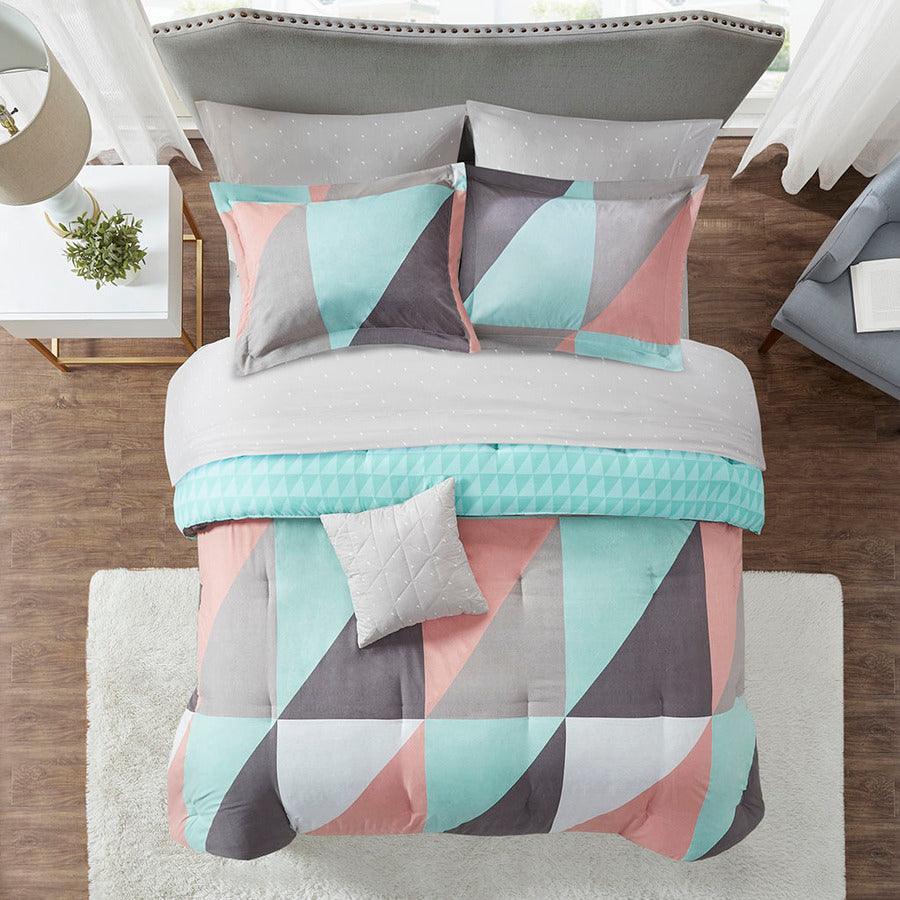 Remy Queen Reversible Complete Modern & Contemporary Bed Set includes Sheets Aqua Olliix.com