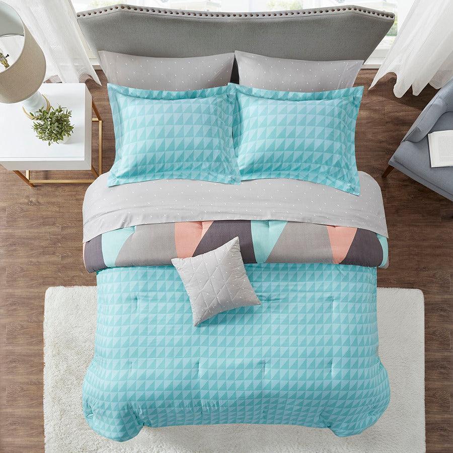 Remy Queen Reversible Complete Modern & Contemporary Bed Set includes Sheets Aqua Olliix.com