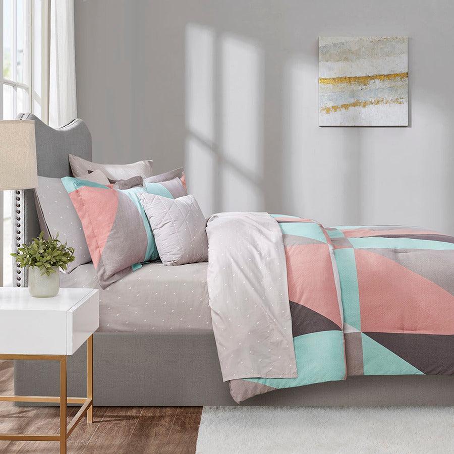 Remy Queen Reversible Complete Modern & Contemporary Bed Set includes Sheets Aqua Olliix.com