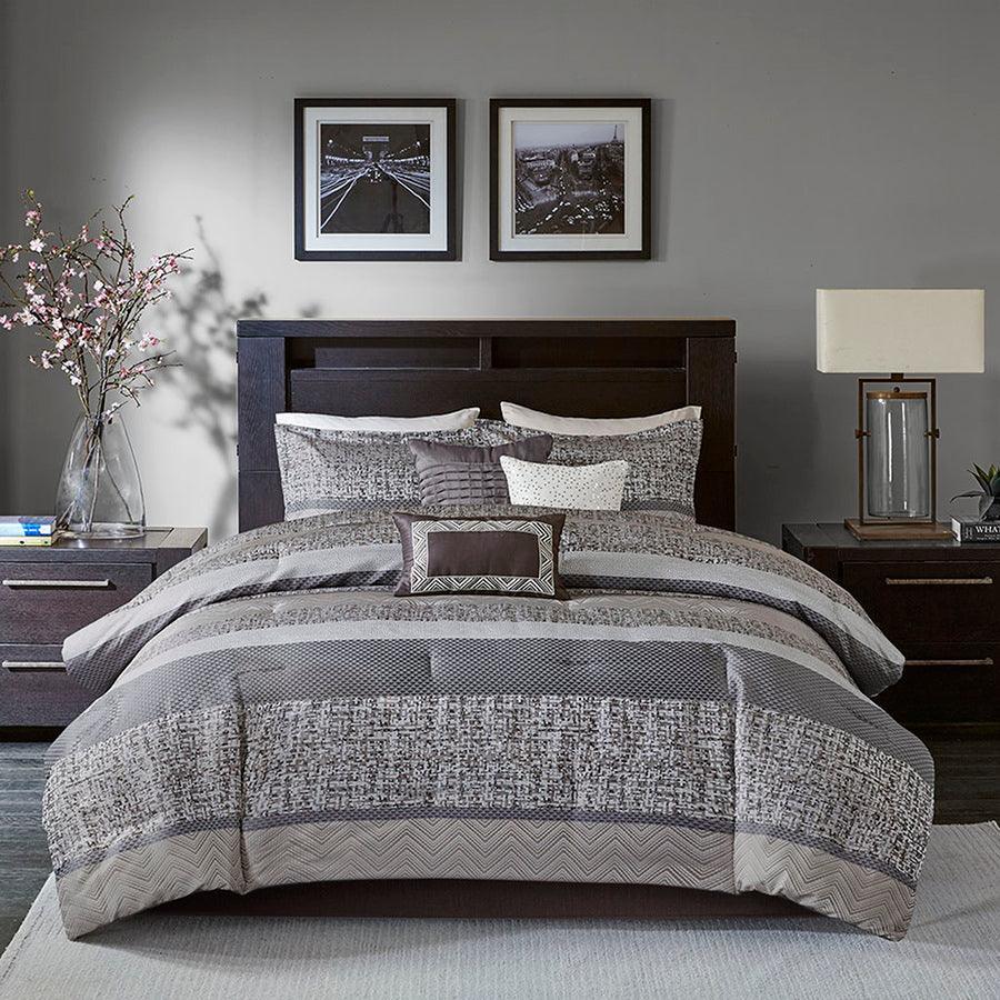 Rhapsody Casual 7 Piece Jacquard Comforter Set Gray | Taupe Cal King Olliix.com