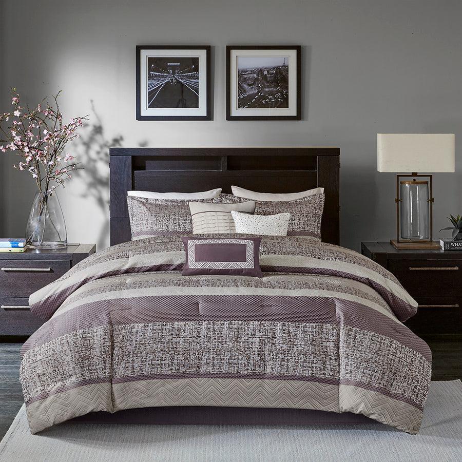 Rhapsody King 7 Piece Jacquard Transitional Comforter Set Purple Olliix.com