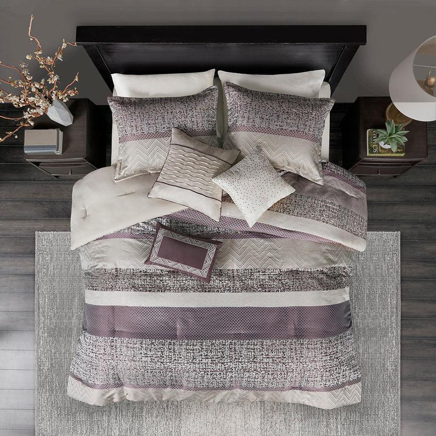 Rhapsody King 7 Piece Jacquard Transitional Comforter Set Purple Olliix.com