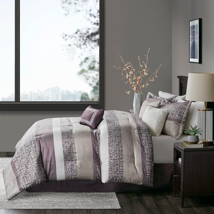 Rhapsody King 7 Piece Jacquard Transitional Comforter Set Purple Olliix.com