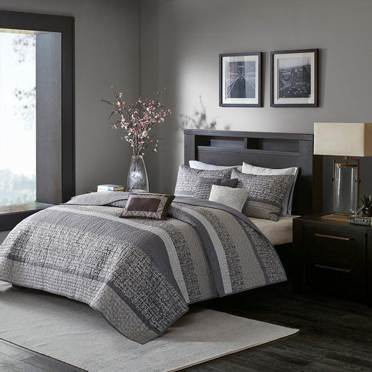 Rhapsody King/California King 6 Piece Reversible Jacquard Coverlet Set Gray & Taupe Olliix.com