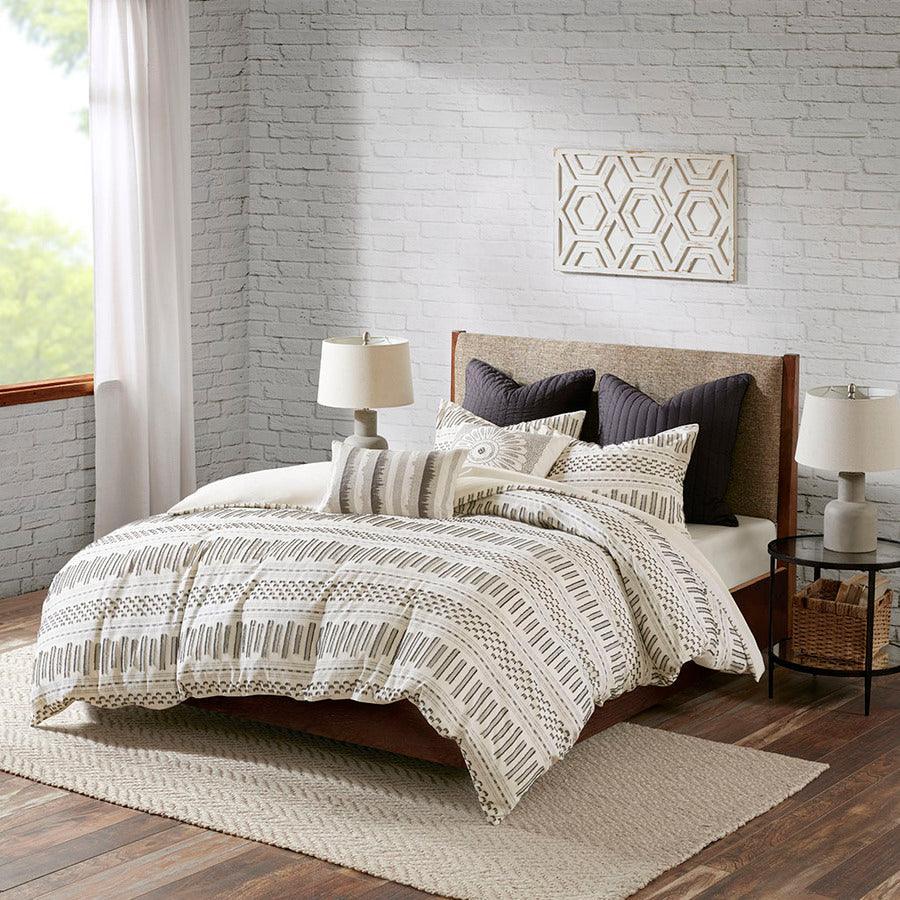 Rhea Cotton Jacquard Comforter Mini Set Ivory & Charcoal Full/Queen Olliix.com