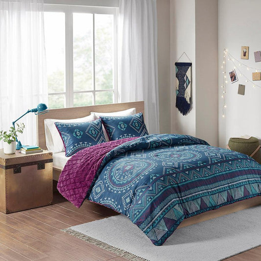 Ripley Reversible Comforter Mini Set Navy & Purple Full/Queen Olliix.com