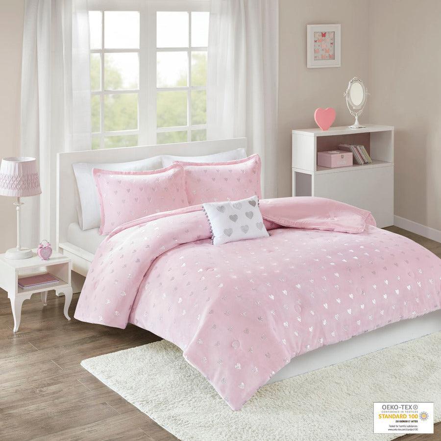 Rosalie Modern Metallic Printed Plush Comforter Set Pink | Silver Twin/Twin XL Olliix.com