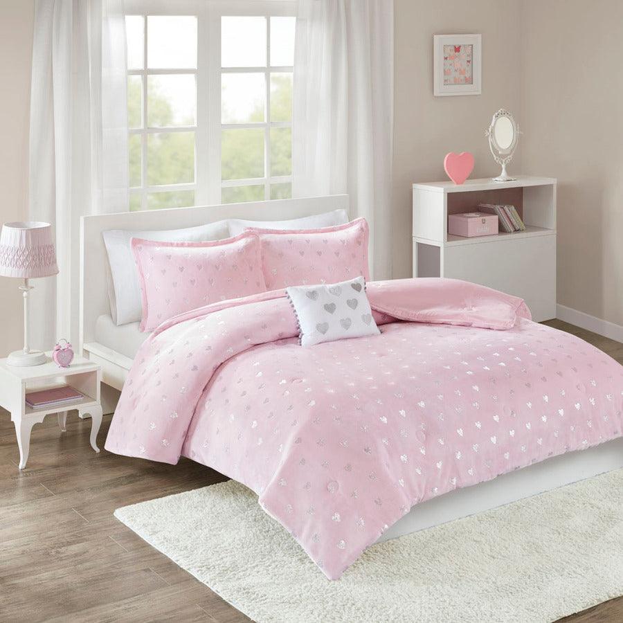 Rosalie Modern Metallic Printed Plush Comforter Set Pink | Silver Twin/Twin XL Olliix.com