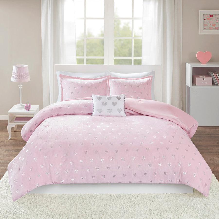 Rosalie Modern Metallic Printed Plush Comforter Set Pink | Silver Twin/Twin XL Olliix.com