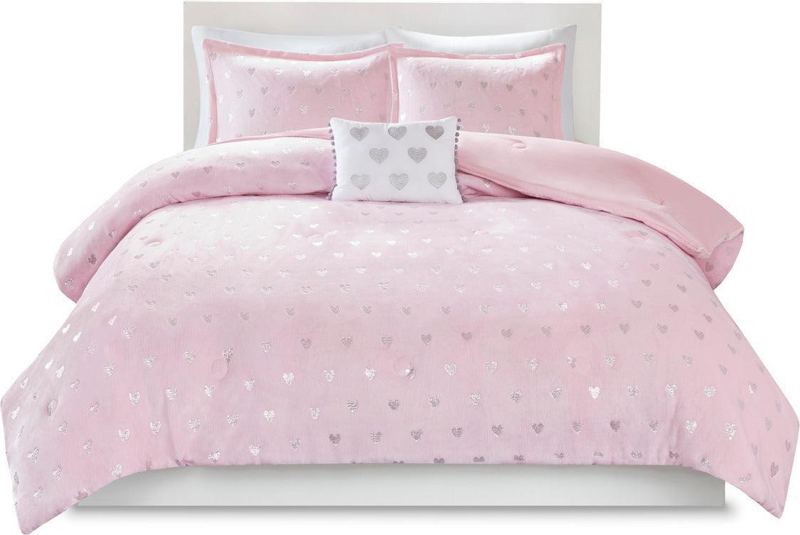 Rosalie Modern Metallic Printed Plush Comforter Set Pink | Silver Twin/Twin XL Olliix.com