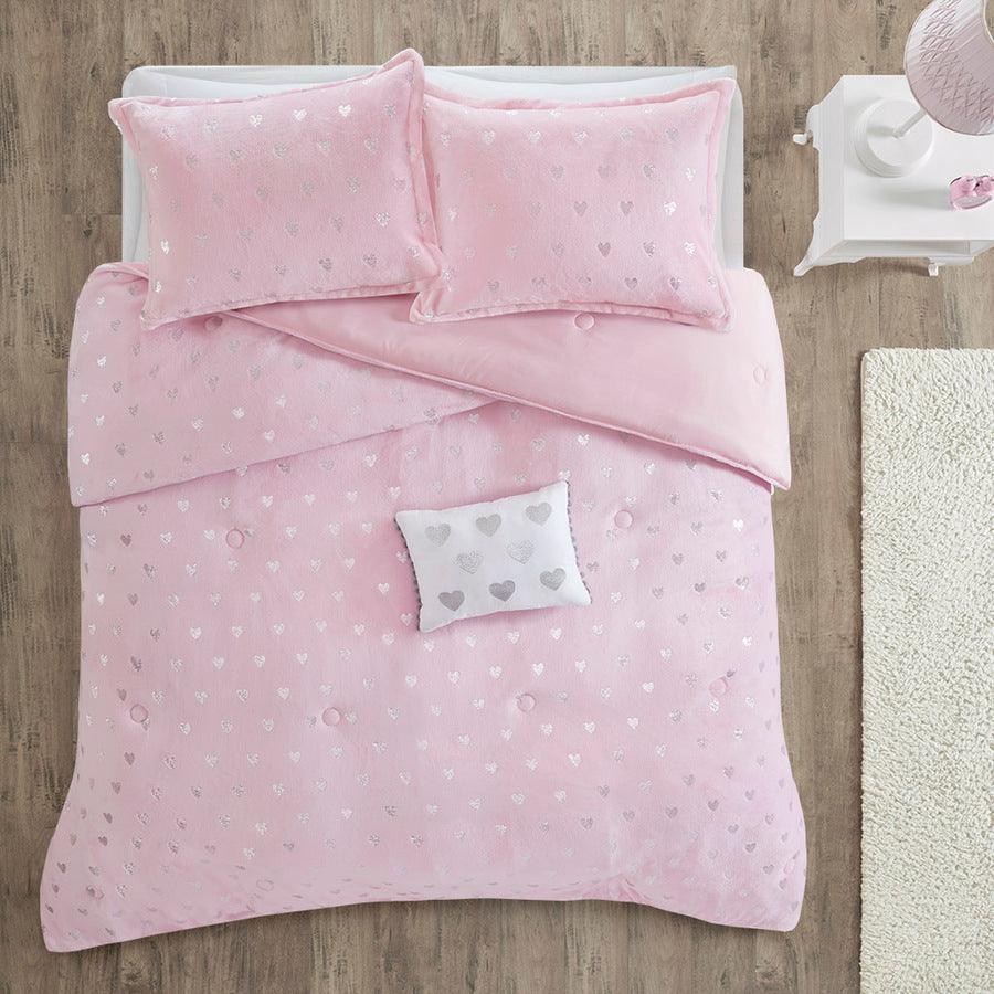 Rosalie Modern Metallic Printed Plush Comforter Set Pink | Silver Twin/Twin XL Olliix.com