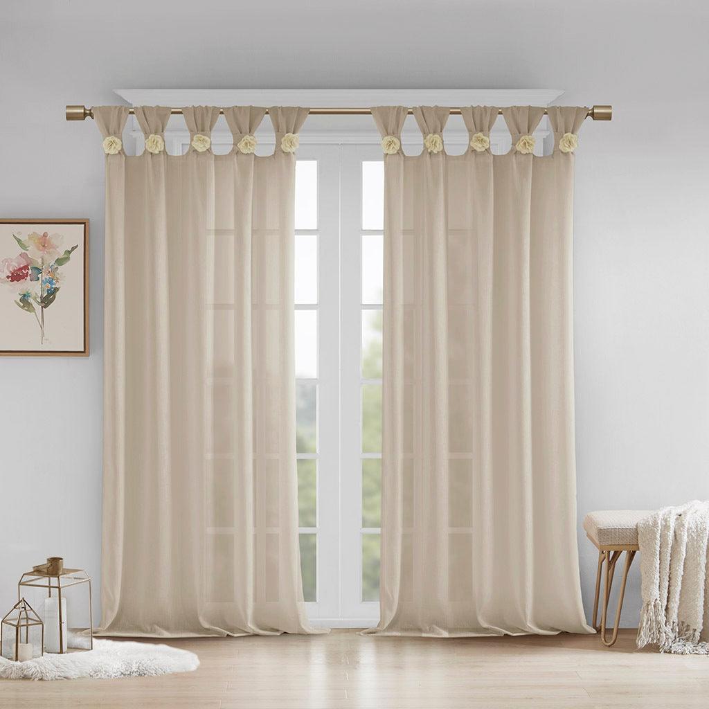 Rosette 63 H Floral Embellished Cuff Tab Top Solid Window Panel Linen Olliix.com