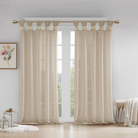 Rosette 63 H Floral Embellished Cuff Tab Top Solid Window Panel Linen Olliix.com