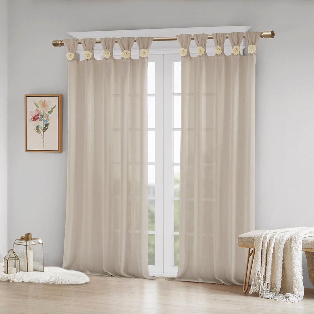 Rosette 63 H Floral Embellished Cuff Tab Top Solid Window Panel Linen Olliix.com