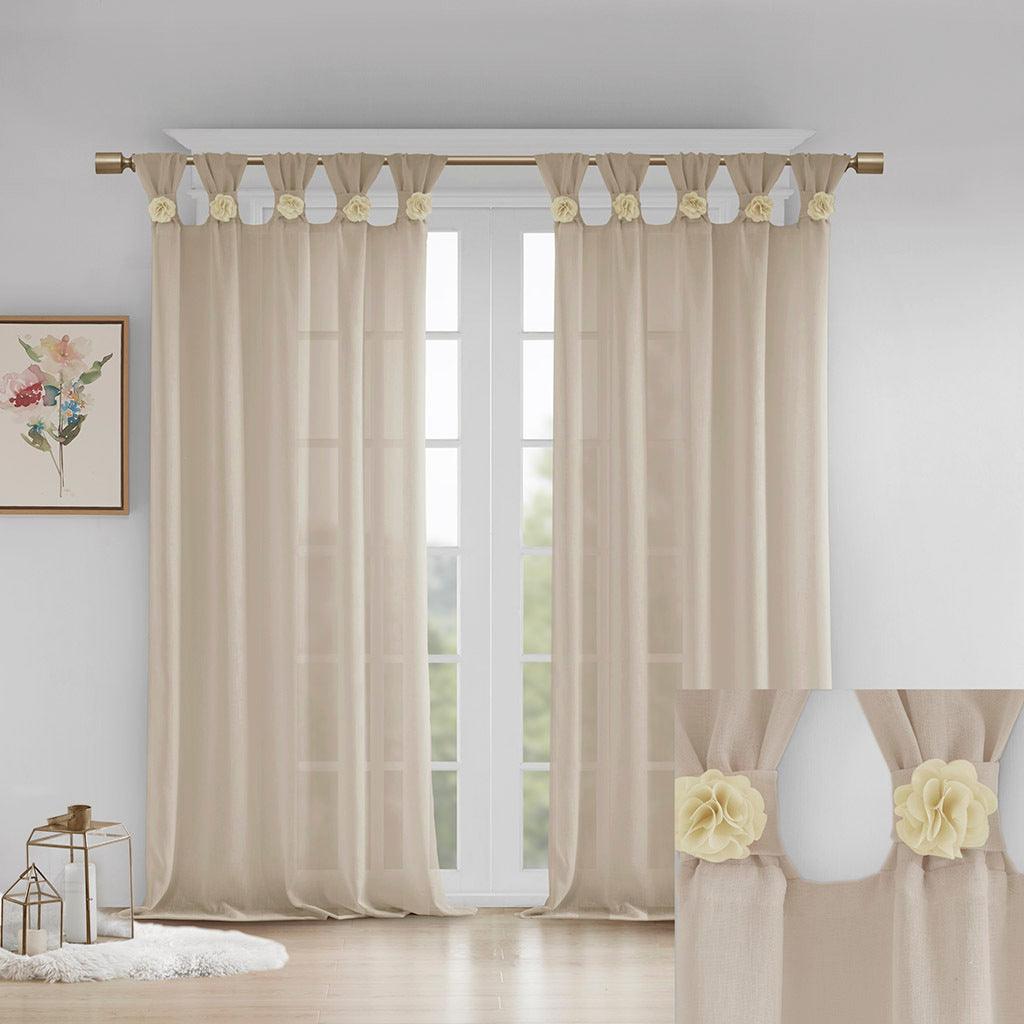 Rosette 63 H Floral Embellished Cuff Tab Top Solid Window Panel Linen Olliix.com