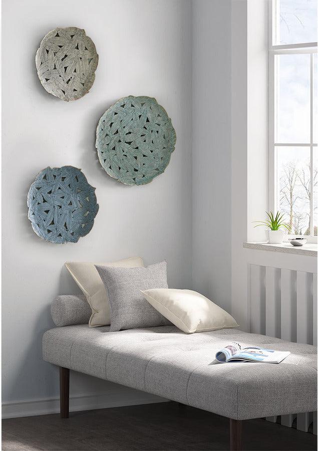 Rossi Feather Painted Iron Round Wall D?©cor 3 Piece Set Blue Olliix.com