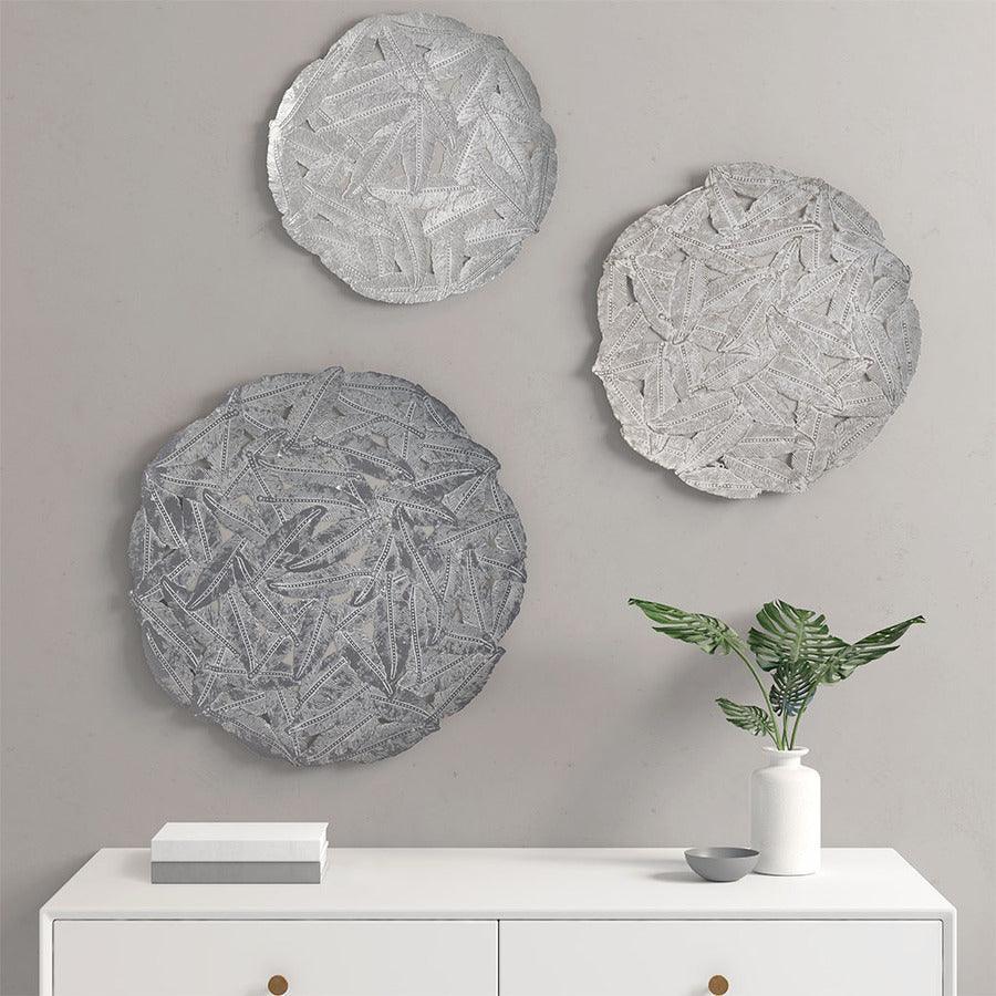 Rossi Feather Painted Iron Round Wall D?©cor 3 Piece Set Grey Olliix.com