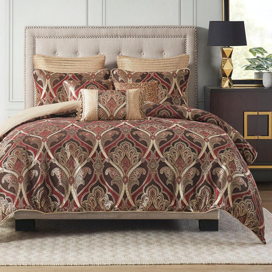 Royale Jacquard Comforter Set With Euro Shams And Dec Pillows Red King Olliix.com