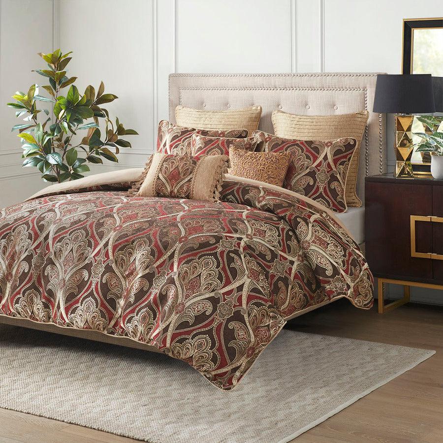 Royale Jacquard Comforter Set With Euro Shams And Dec Pillows Red King Olliix.com