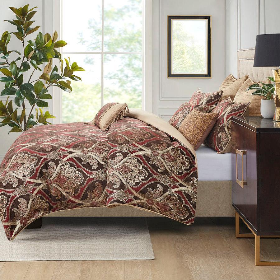 Royale Jacquard Comforter Set With Euro Shams And Dec Pillows Red King Olliix.com