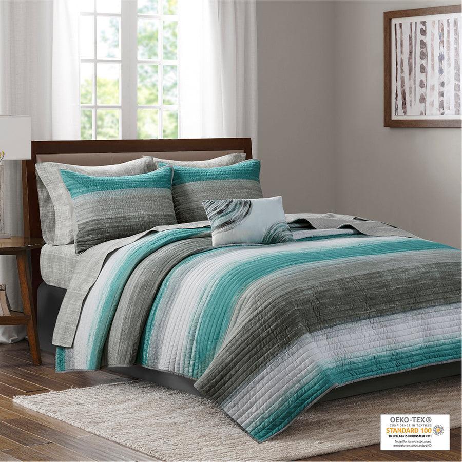 Saben Transitional Complete Reversible Coverlet and Cotton Sheet Set Cal King Aqua Olliix.com