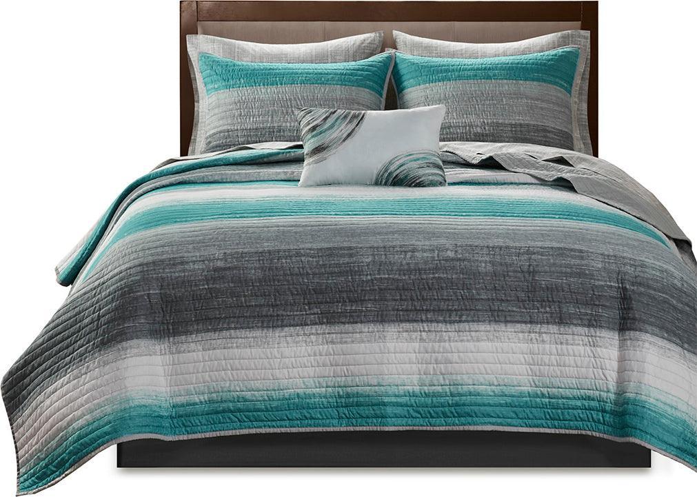 Saben Transitional Complete Reversible Coverlet and Cotton Sheet Set Cal King Aqua Olliix.com