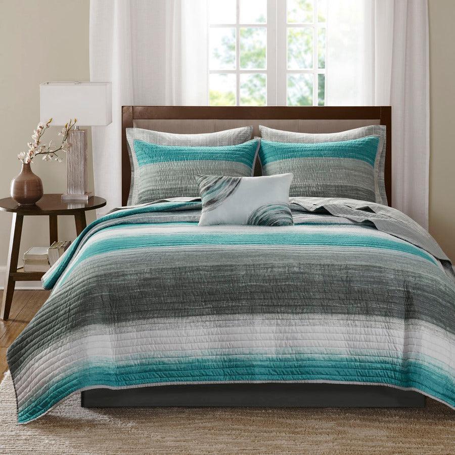 Saben Transitional Complete Reversible Coverlet and Cotton Sheet Set Cal King Aqua Olliix.com