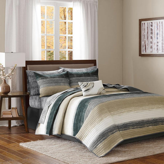 Saben Transitional Complete Reversible Coverlet and Cotton Sheet Set Cal King Taupe Olliix.com