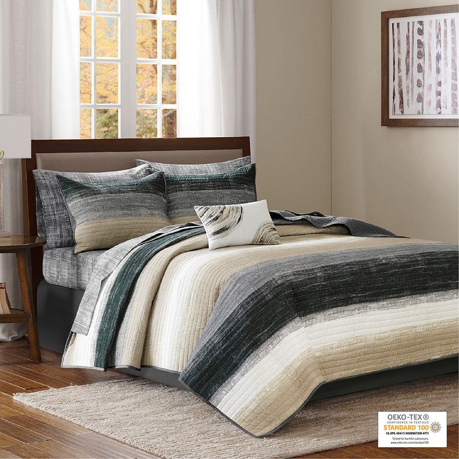 Saben Transitional Complete Reversible Coverlet and Cotton Sheet Set Cal King Taupe Olliix.com