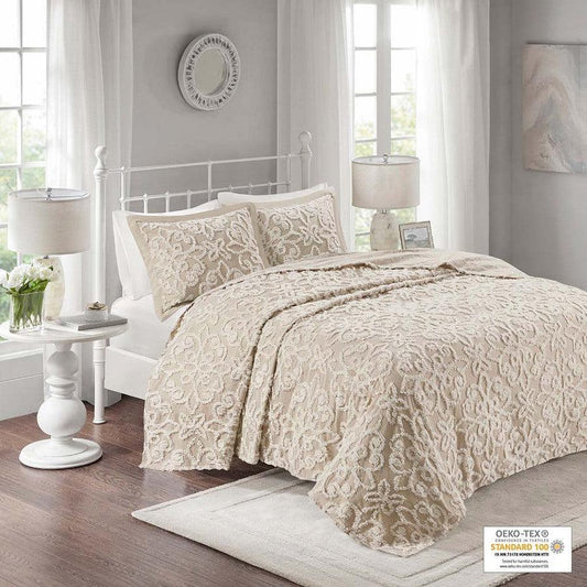 Sabrina King/California King 3 Piece Tufted Cotton Chenille Bedspread Set Taupe Olliix.com