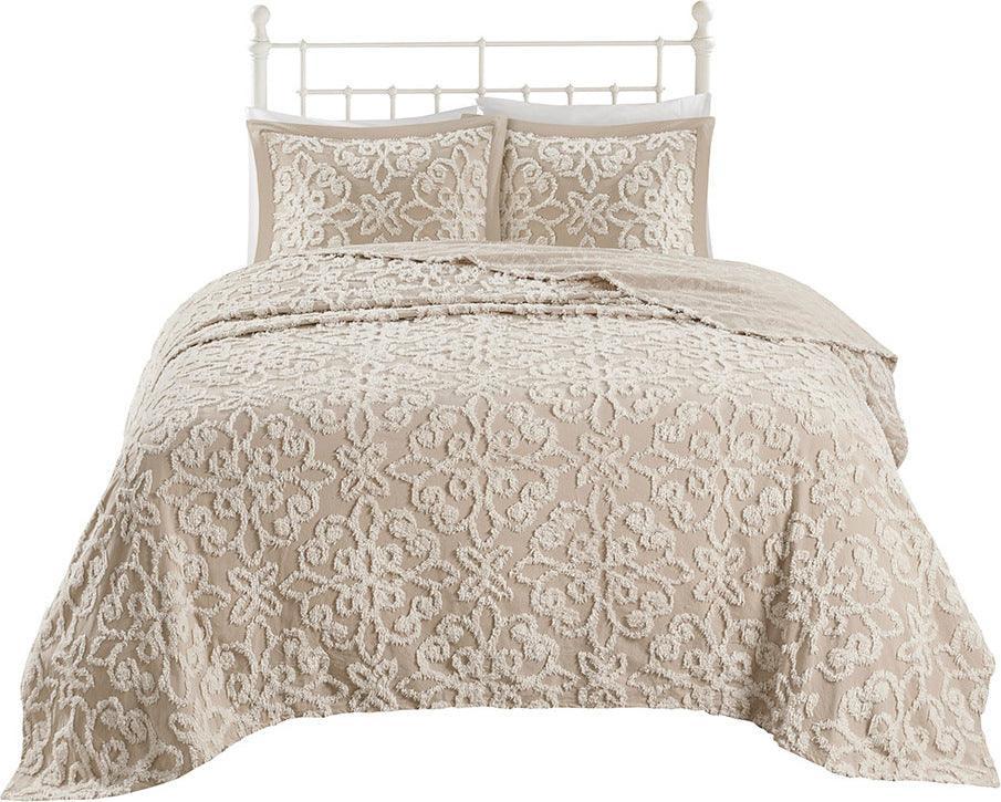 Sabrina King/California King 3 Piece Tufted Cotton Chenille Bedspread Set Taupe Olliix.com