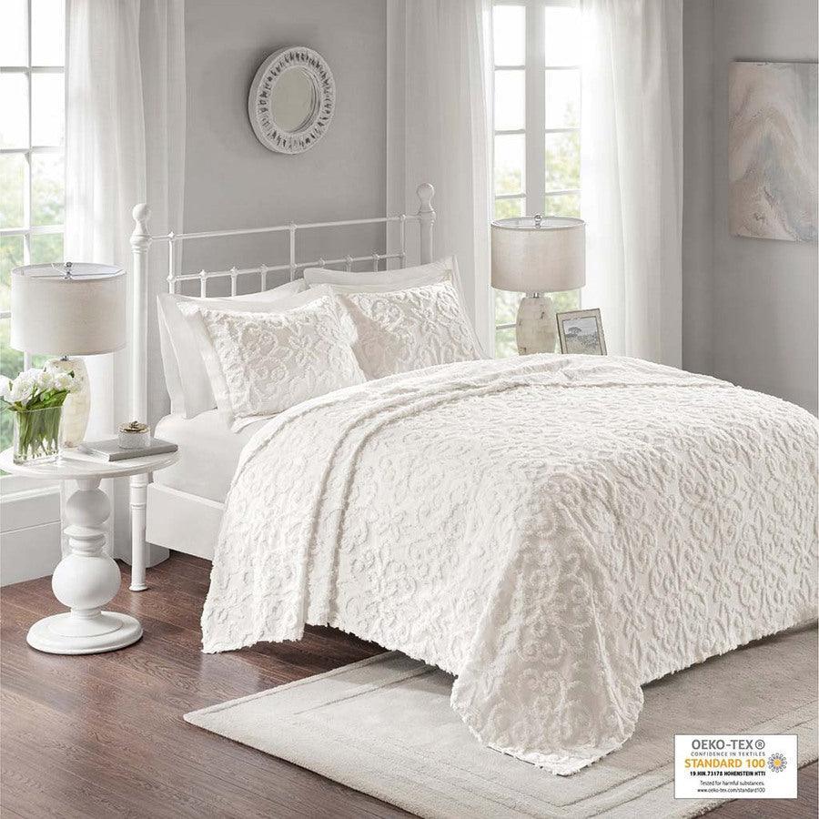 Sabrina King/California King 3 Piece Tufted Cotton Chenille Bedspread Set White Olliix.com