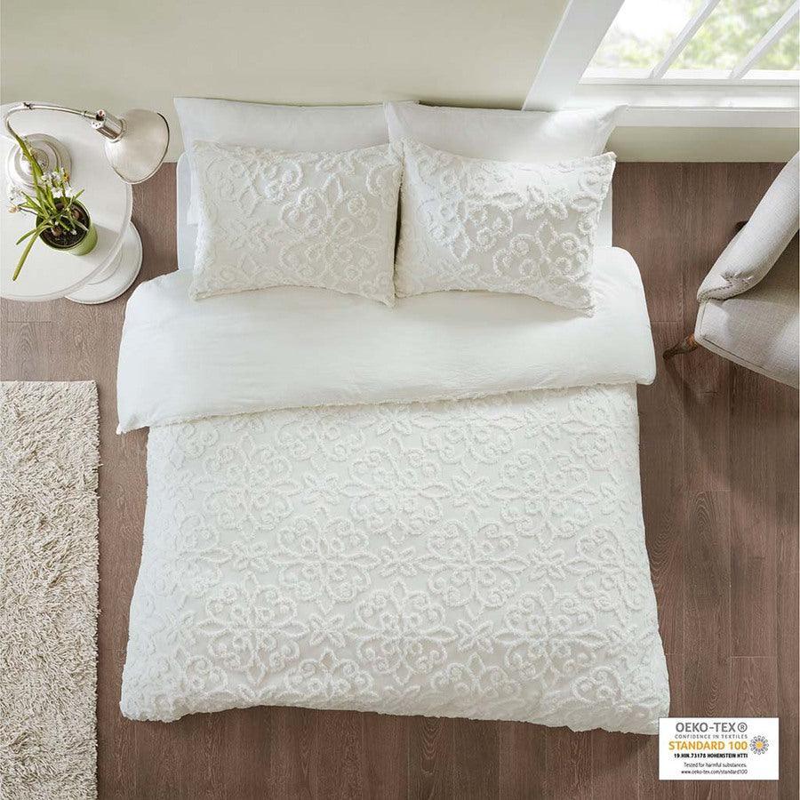 Sabrina Shabby Chic 3 Piece Tufted Cotton Chenille Duvet Cover Set Full/Queen White Olliix.com