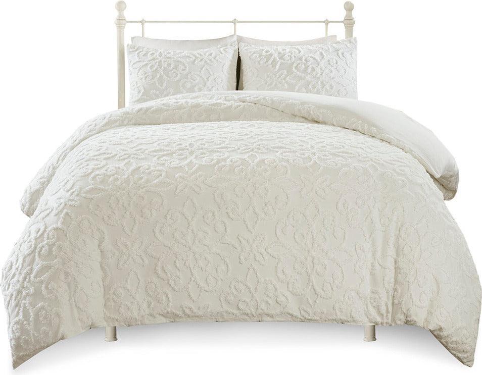 Sabrina Shabby Chic 3 Piece Tufted Cotton Chenille Duvet Cover Set Full/Queen White Olliix.com