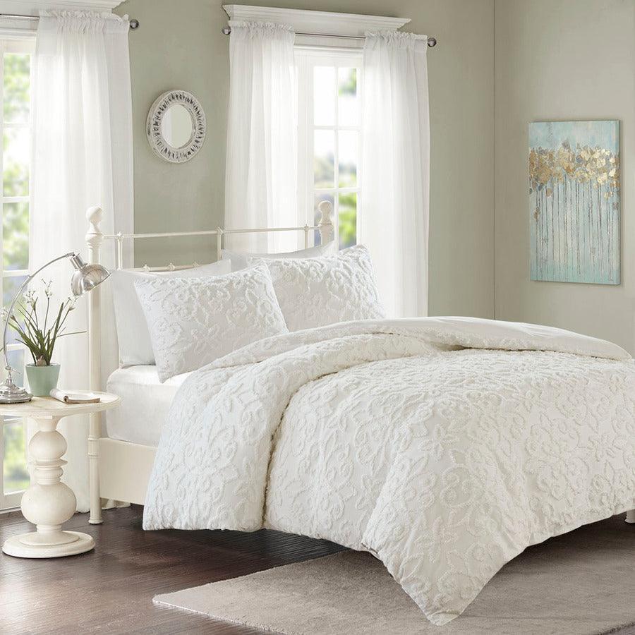 Sabrina Shabby Chic 3 Piece Tufted Cotton Chenille Duvet Cover Set Full/Queen White Olliix.com