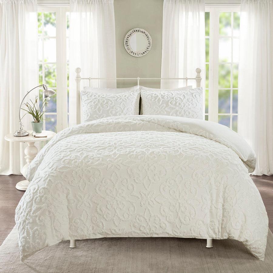 Sabrina Shabby Chic 3 Piece Tufted Cotton Chenille Duvet Cover Set Full/Queen White Olliix.com