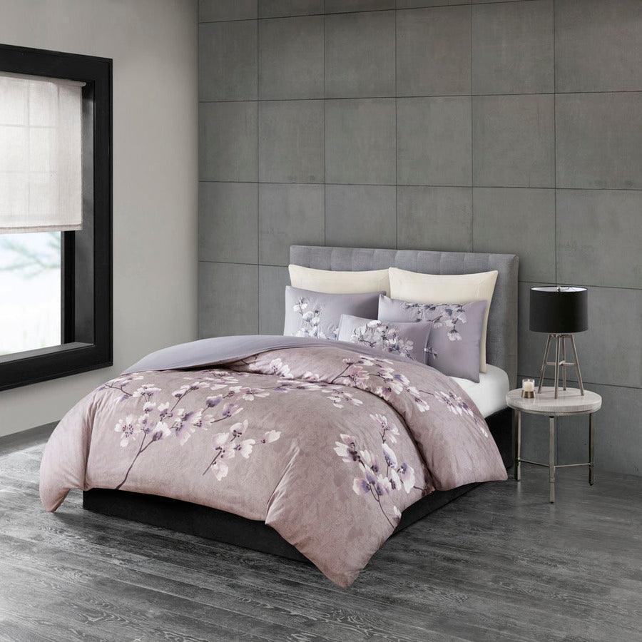 Sakura Coastal Blossom 3 Piece Cotton Sateen Printed Comforter Set Lilac King Olliix.com