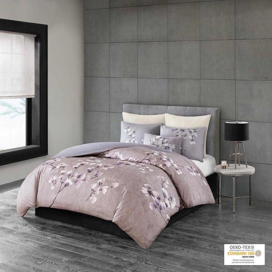 Sakura Coastal Blossom 3 Piece Cotton Sateen Printed Comforter Set Lilac King Olliix.com