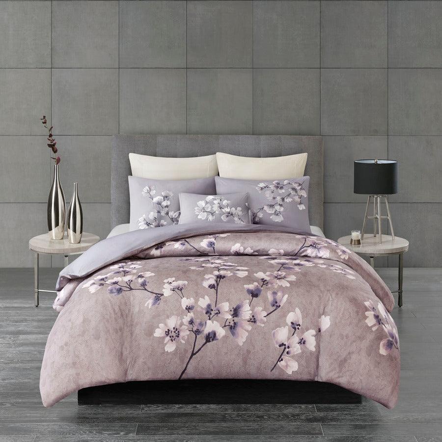 Sakura Coastal Blossom 3 Piece Cotton Sateen Printed Comforter Set Lilac King Olliix.com