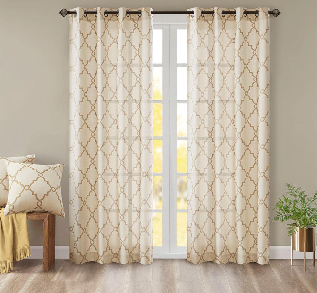 Saratoga 108 H Fretwork Print Grommet Top Window Curtain Beige & Gold Olliix.com