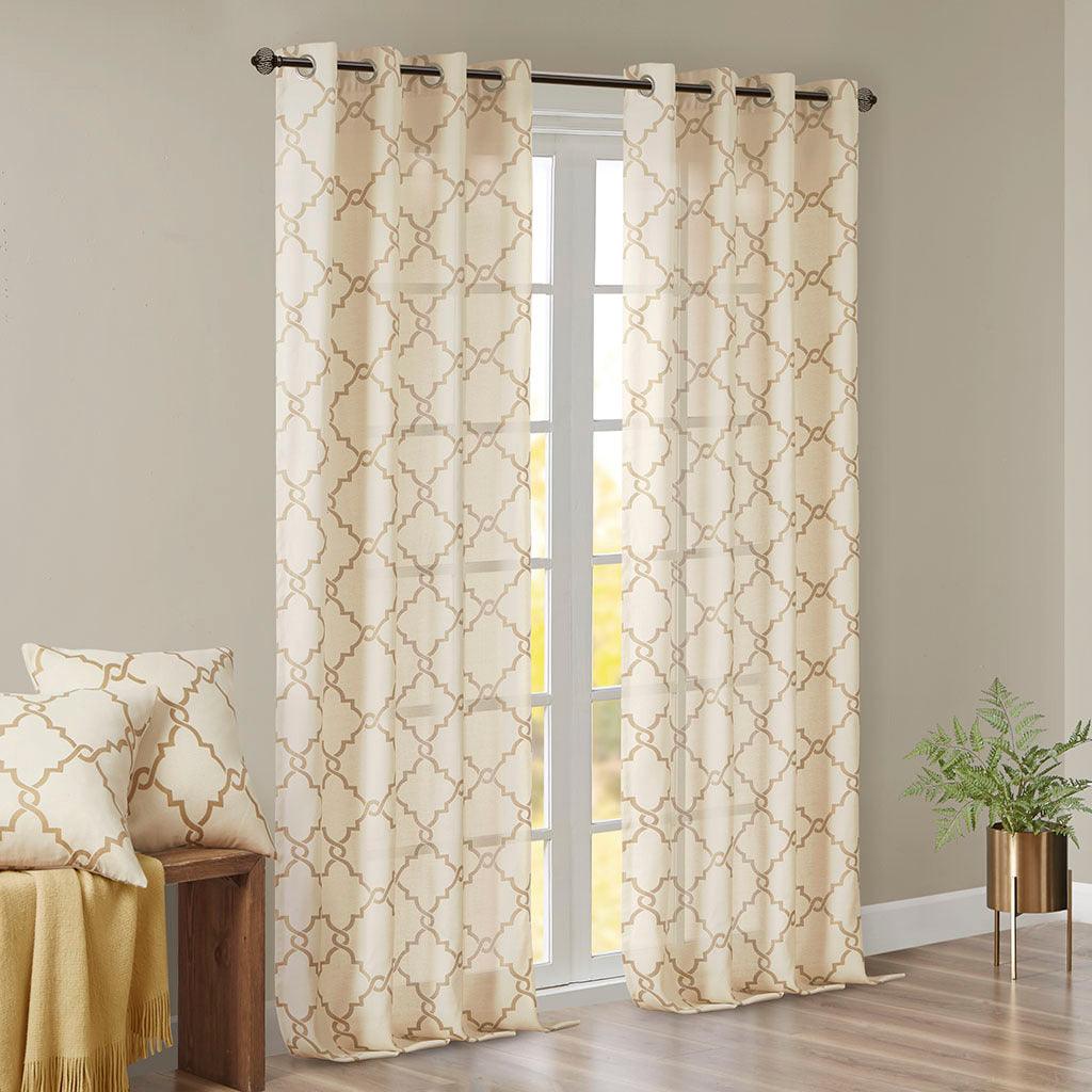 Saratoga 108 H Fretwork Print Grommet Top Window Curtain Beige & Gold Olliix.com