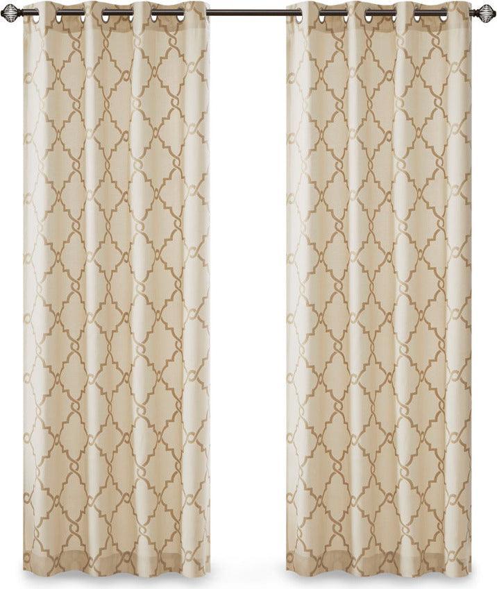 Saratoga 108 H Fretwork Print Grommet Top Window Curtain Beige & Gold Olliix.com