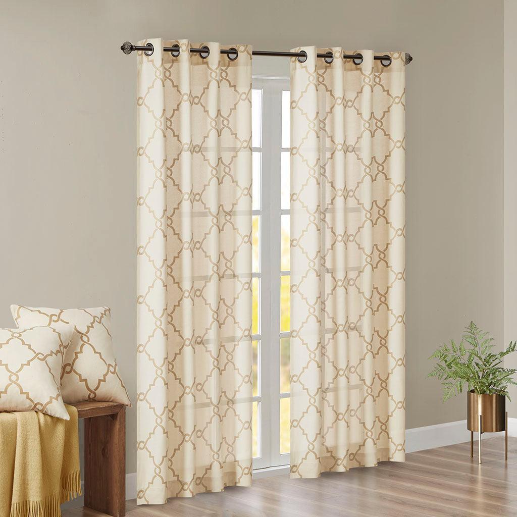 Saratoga 108 H Fretwork Print Grommet Top Window Curtain Beige & Gold Olliix.com