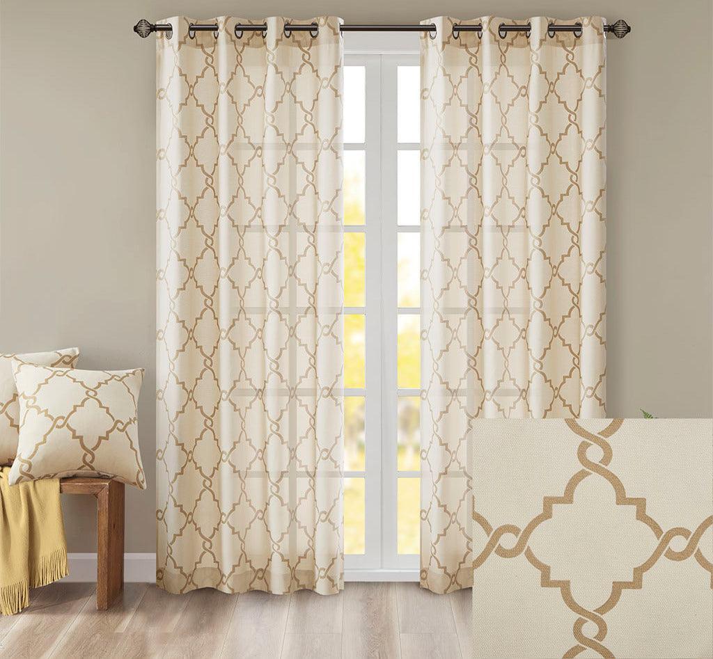 Saratoga 108 H Fretwork Print Grommet Top Window Curtain Beige & Gold Olliix.com