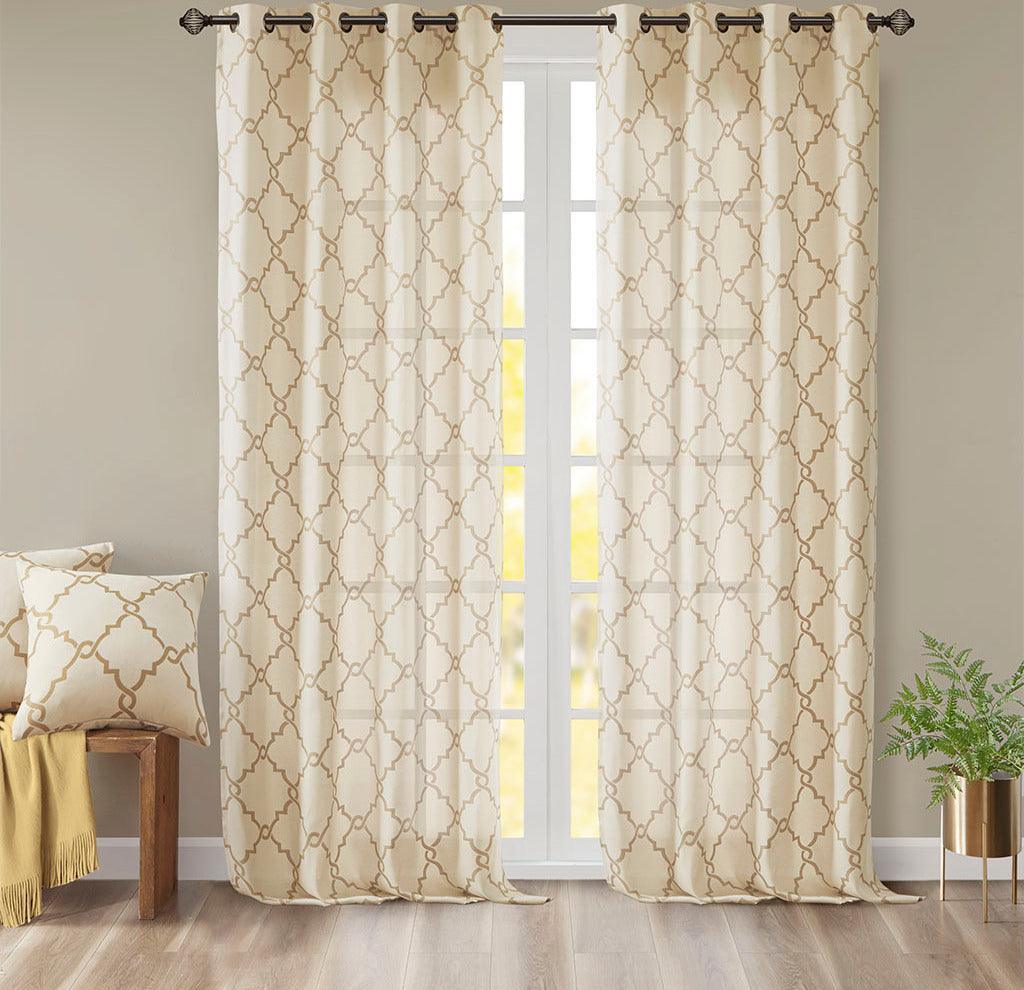 Saratoga 108 H Fretwork Print Grommet Top Window Curtain Beige & Gold Olliix.com