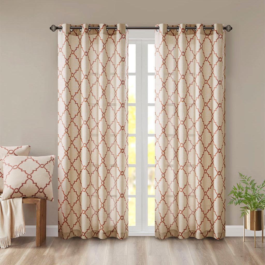 Saratoga 108 H Fretwork Print Grommet Top Window Curtain Beige & Spice Olliix.com