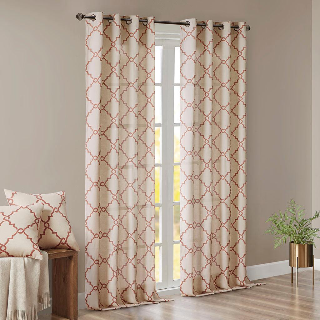 Saratoga 108 H Fretwork Print Grommet Top Window Curtain Beige & Spice Olliix.com