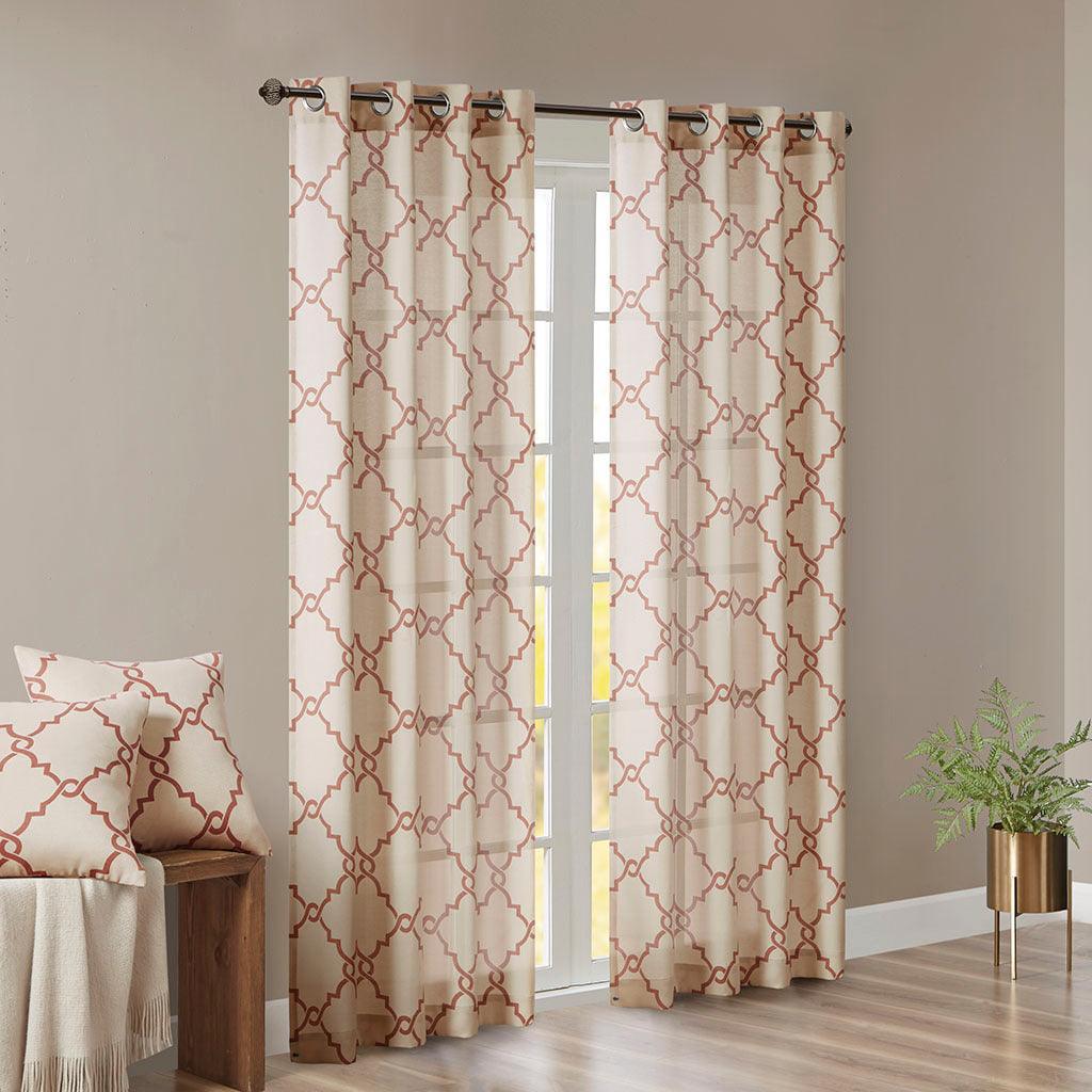 Saratoga 108 H Fretwork Print Grommet Top Window Curtain Beige & Spice Olliix.com