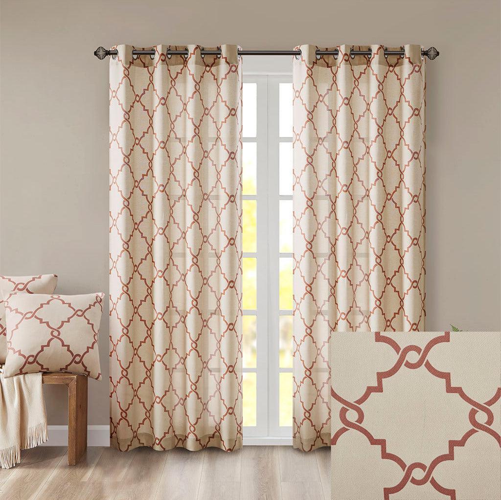 Saratoga 108 H Fretwork Print Grommet Top Window Curtain Beige & Spice Olliix.com